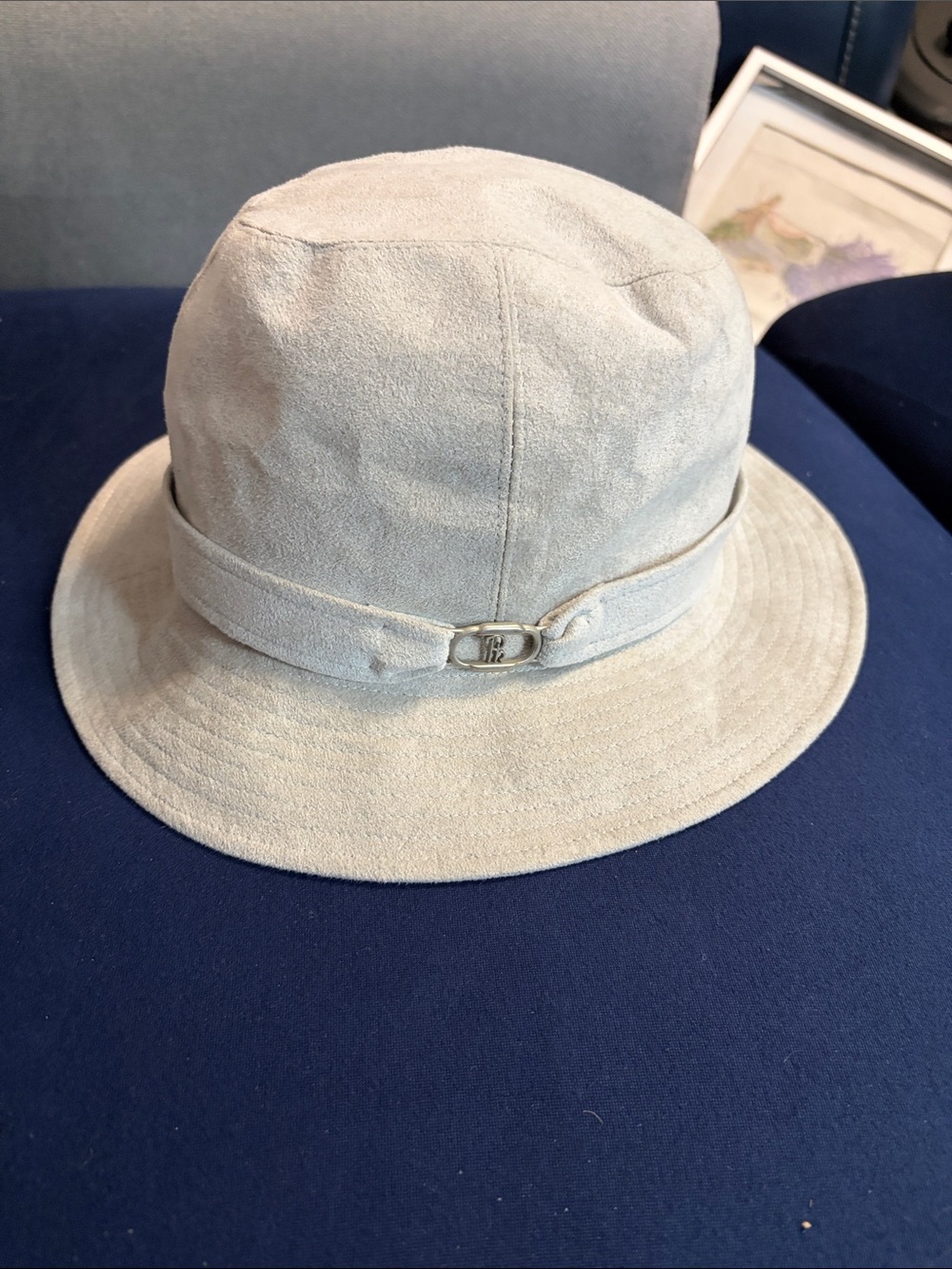 Suede Bucket Hat with Brim and Metal Accent - Light Gray -